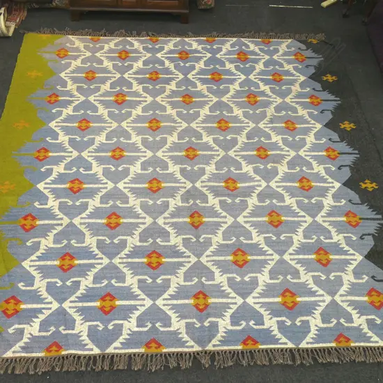 HANDMADE WOOL & JUTE KILIM RUG WITH TRIBAL GEOMETRIC PATTERN, 3200 X 3100