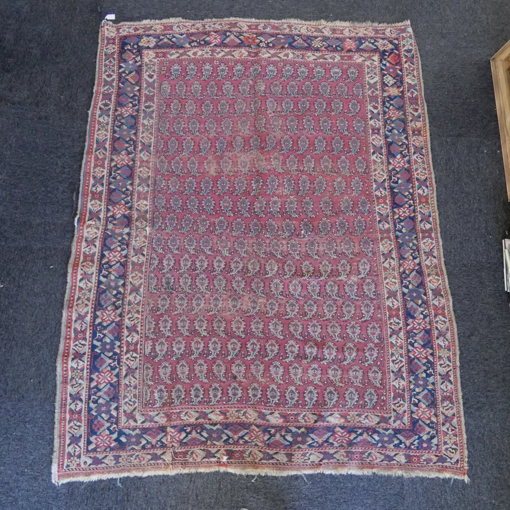 20thC HAND KNOTTED ALL WOOL RUG boteh field, worn pile 1700x1290mm Image 1++