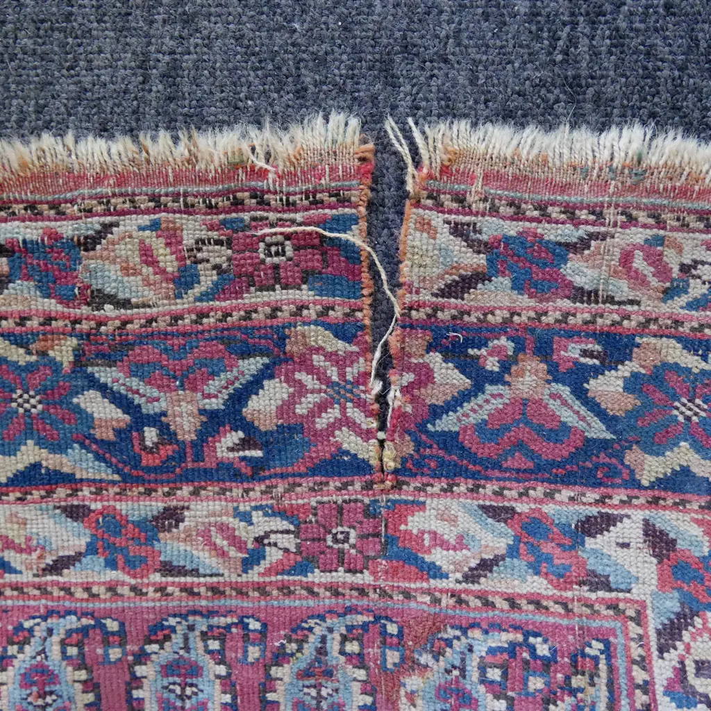 20thC HAND KNOTTED ALL WOOL RUG boteh field, worn pile 1700x1290mm Image 1++