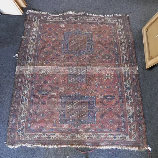 20thC HAND KNOTTED ALL WOOL RUG faults 1760x1520mm