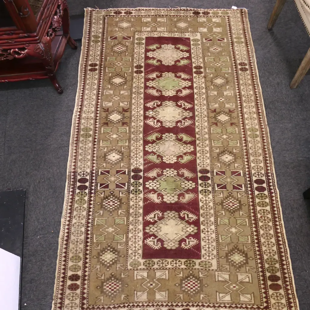 VINTAGE HAND KNOTTED PERSIAN RUG GREEN BROWN & IVORY COLOURS 2050x1160mm Image 1++