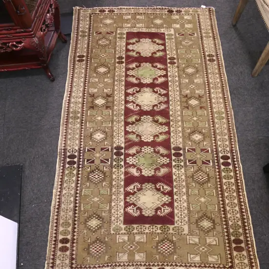 VINTAGE HAND KNOTTED PERSIAN RUG GREEN BROWN & IVORY COLOURS 2050x1160mm