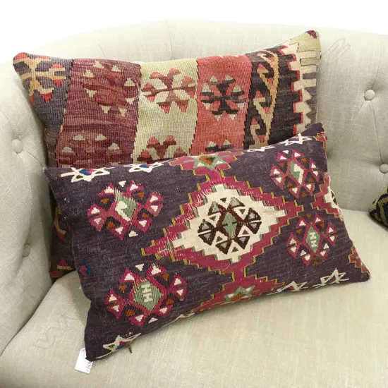2 FEATHER FILLED KILIM FRAGMENT CUSHIONS W.580, 500mm