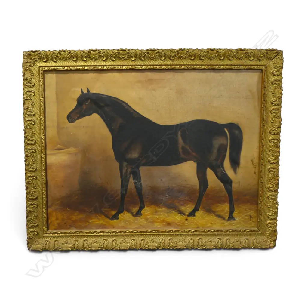 M E MORTON  HORSE IN STABLE OIL ON CANVAS H440 L600MM PADDYS LAND TITLE Image 1++