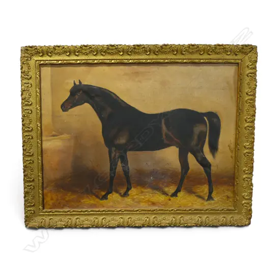 M E MORTON  HORSE IN STABLE OIL ON CANVAS H440 L600MM PADDYS LAND TITLE