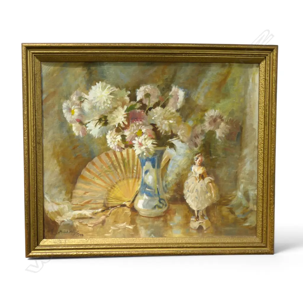 MABEL HILL, STILL LIFE WITH FIGURINE, OIL ON CANVAS, SIGNED & DATED 1944, 460 X 580MM (NOTE, WARPED BOARD) Image 1++