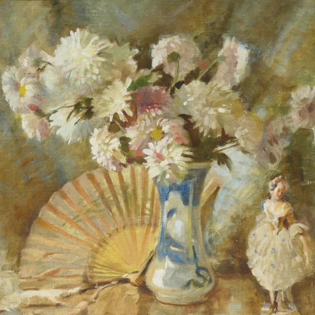 MABEL HILL, STILL LIFE WITH FIGURINE, OIL ON CANVAS, SIGNED & DATED 1944, 460 X 580MM (NOTE, WARPED BOARD) Image 1++