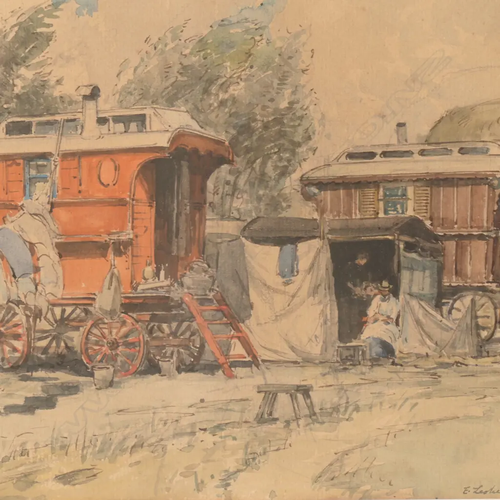 EDWARD LESLIE BADHAM, 'THE GYPSY ENCAMPMENT', WATERCOLOUR, SIGNED AND DATED 1930, 200 X 290MM Image 1++