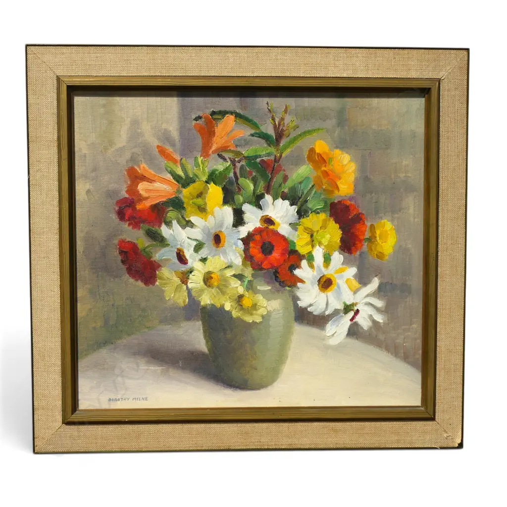 DOROTHY MILNE, VASE OF FLOWERS STILL LIFE, OIL ON BOARD 350x390mm Image 1++