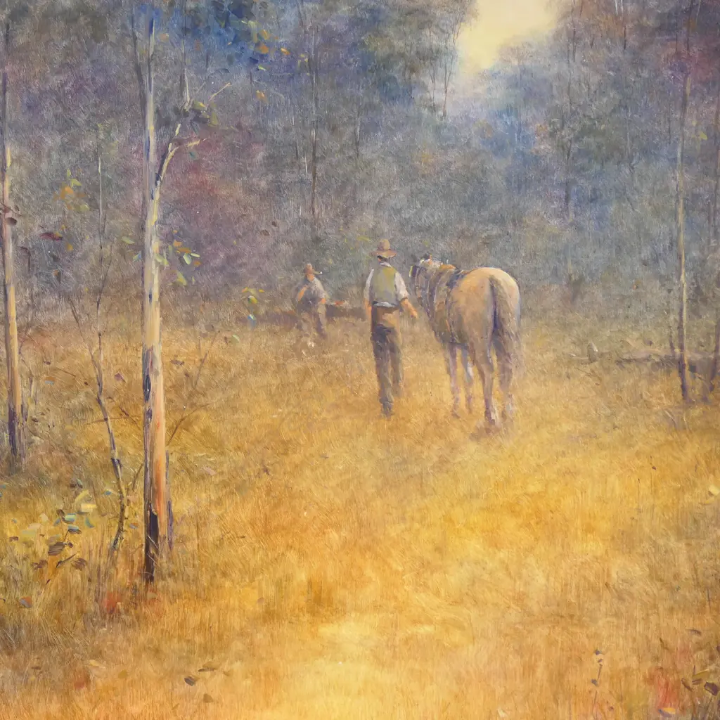 GEOFF MCKENZIE (AUSTRALIAN), 'BUSH CLEARING' ACRYLIC ON BOARD, SIGNED AND TITLED VERSO, 625 X 550MM  Image 1++