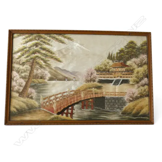 FRAMED JAPANESE HAND EMBROIDERED TAPESTRY MOUNT FUJI 45CMX 29CM