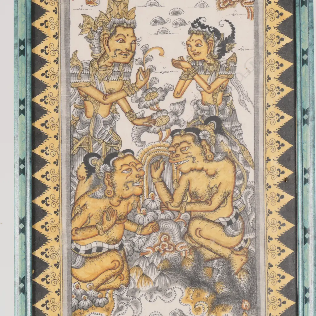 FRAMED TRADITIONAL BALINESE PAINTING WITH MYTHOLOGICAL FIGURES FROM THE RAMAYANA, H.960MM Image 1++