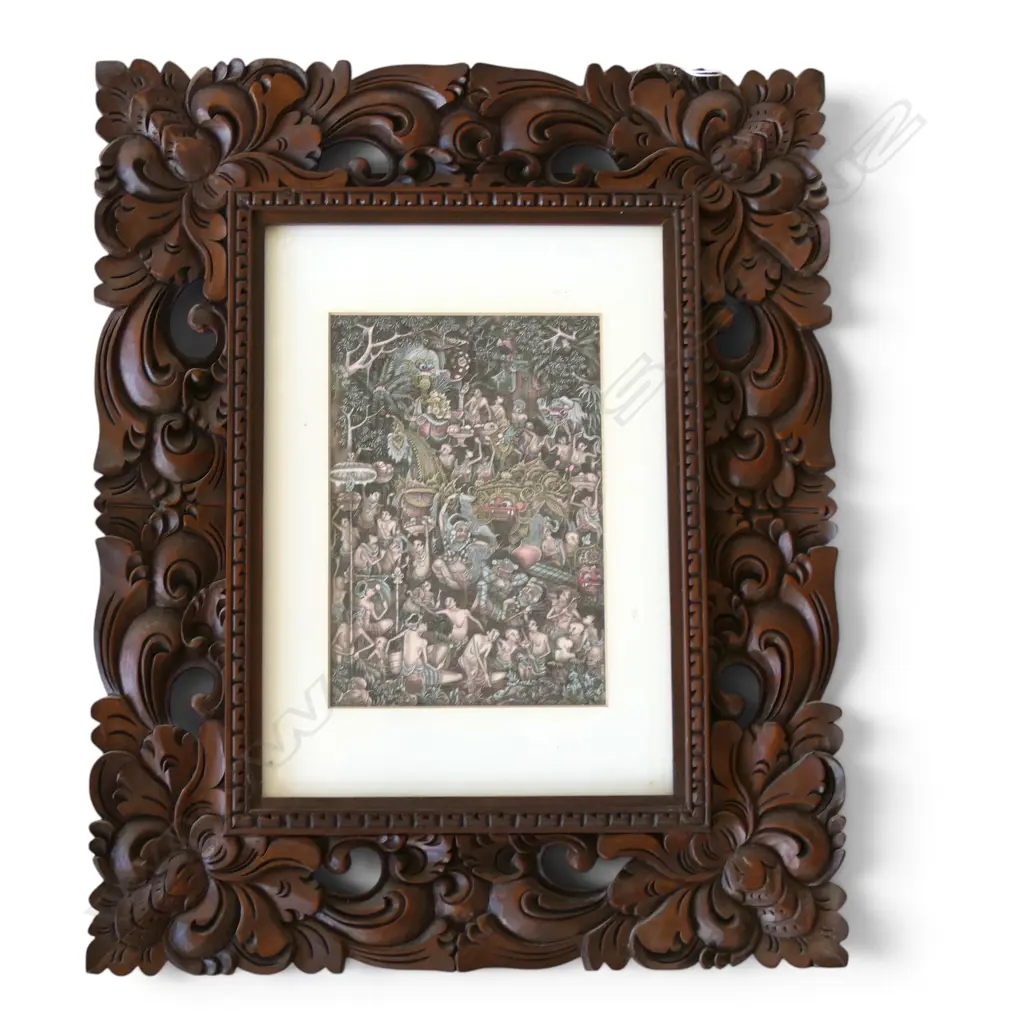 TRADITIONAL BALINESE INK & WASH PAINTING DEPICTING MYTHOLOGICAL SCENE WITH BARONG IN CARVED WOODEN FRAME, 210 X 140MM Image 1++