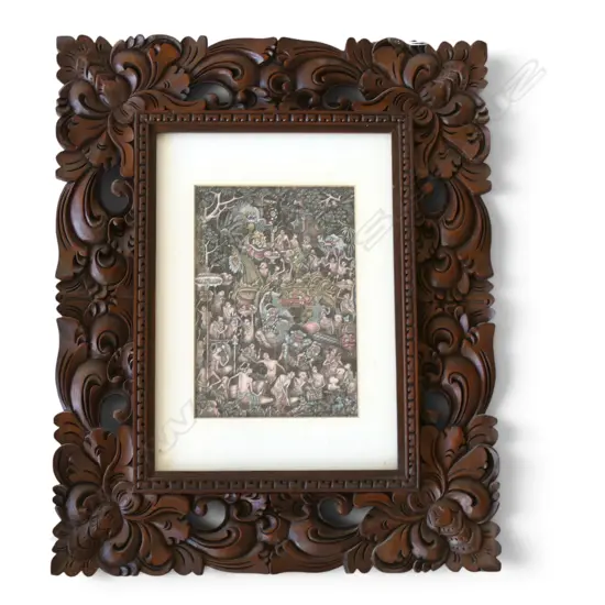 TRADITIONAL BALINESE INK & WASH PAINTING DEPICTING MYTHOLOGICAL SCENE WITH BARONG IN CARVED WOODEN FRAME, 210 X 140MM
