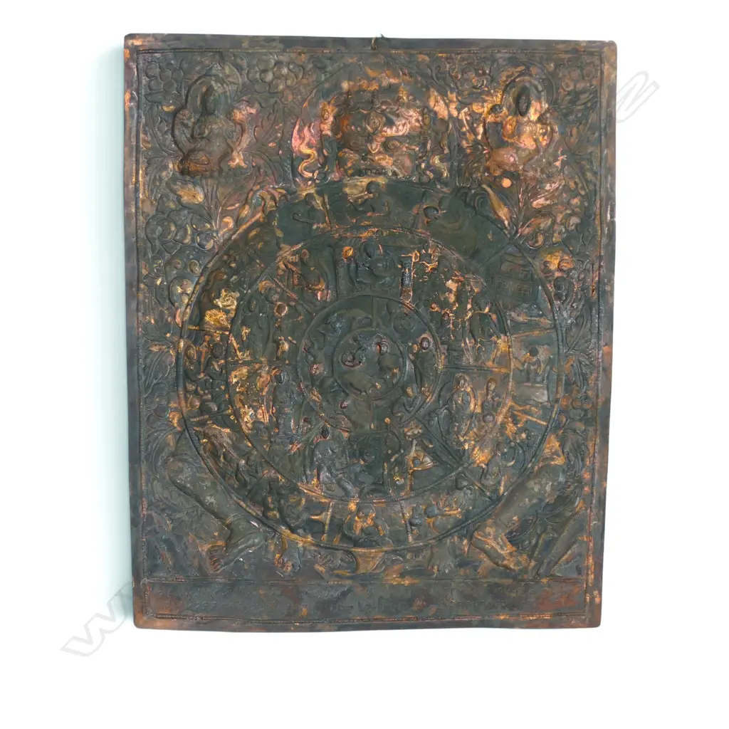 TIBETAN METAL REPOUSSE WALL PLAQUE DEPICTING THE WHEEL OF LIFE BHAVACAKRA (CYCLE OF REBIRTH AND KARMA),350 X 280MM Image 1++