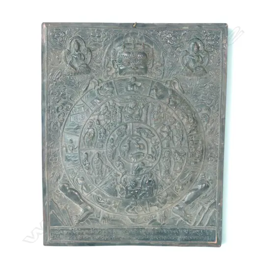 TIBETAN METAL REPOUSSE WALL PLAQUE DEPICTING THE WHEEL OF LIFE BHAVACAKRA (CYCLE OF REBIRTH AND KARMA),350 X 280MM