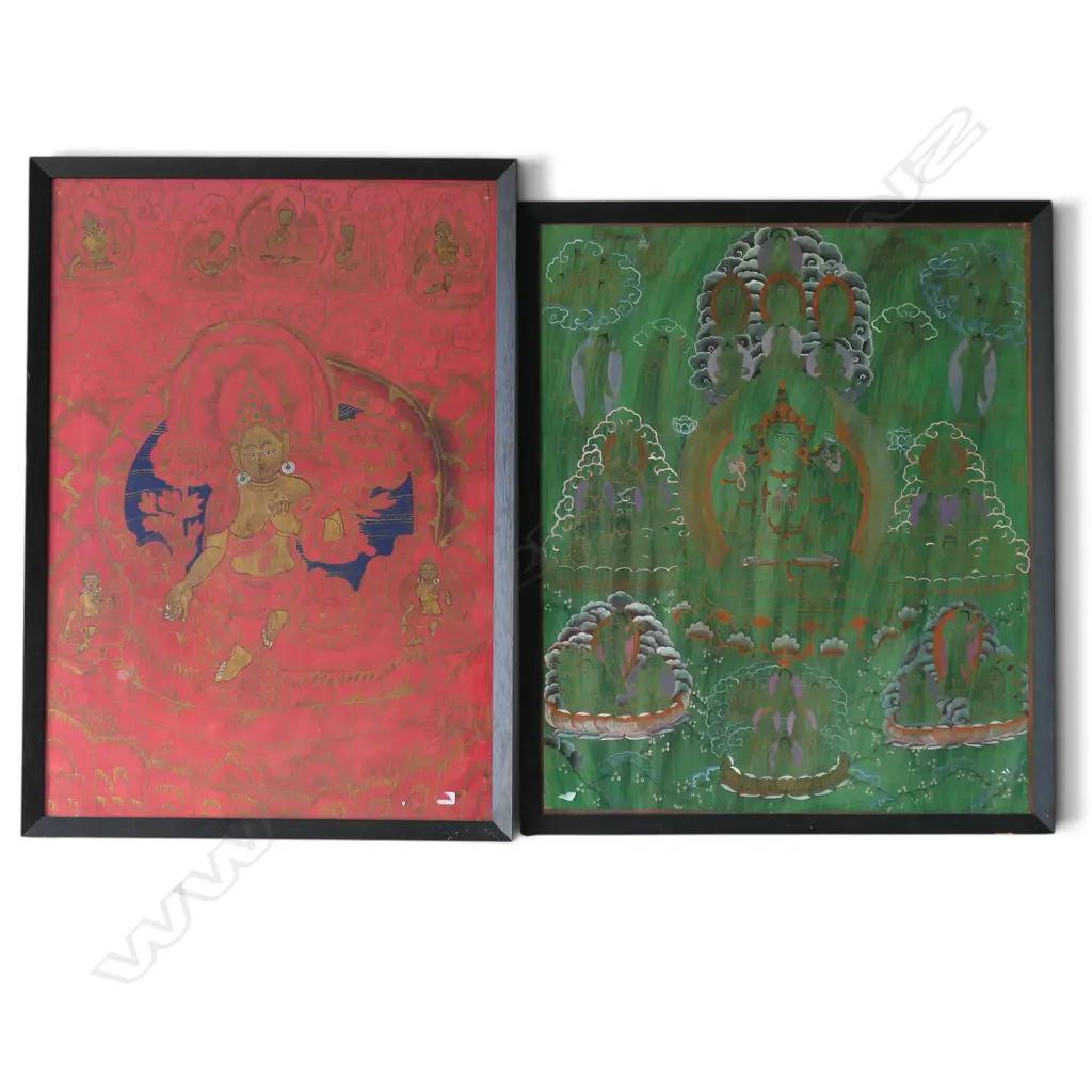 2 ORIENTAL THANGKA ARTWORKS; GREEN 635x530mm, RED 685x480mm Image 1++