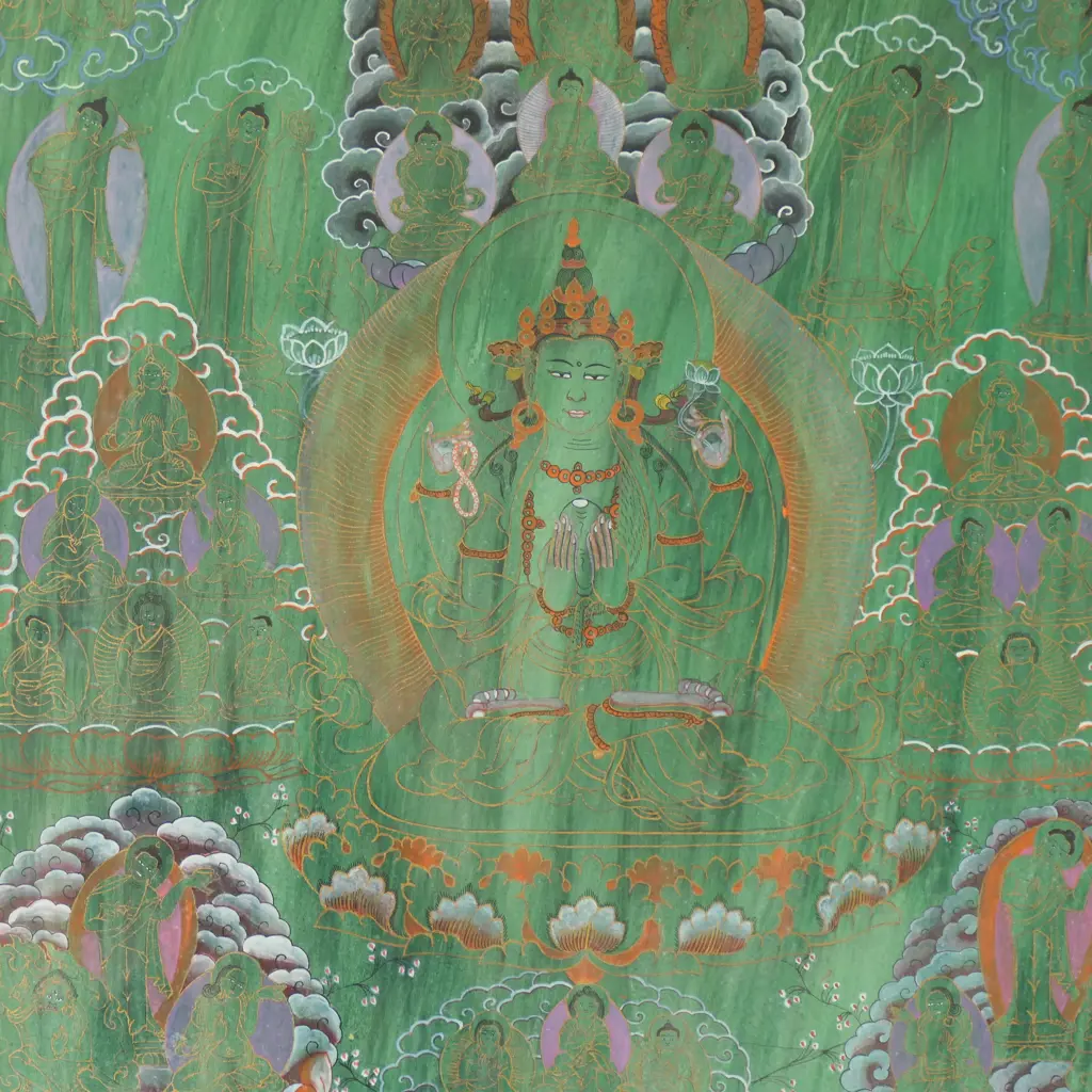 2 ORIENTAL THANGKA ARTWORKS; GREEN 635x530mm, RED 685x480mm Image 1++