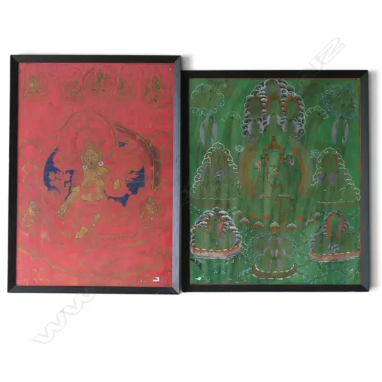 2 ORIENTAL THANGKA ARTWORKS; GREEN 635x530mm, RED 685x480mm