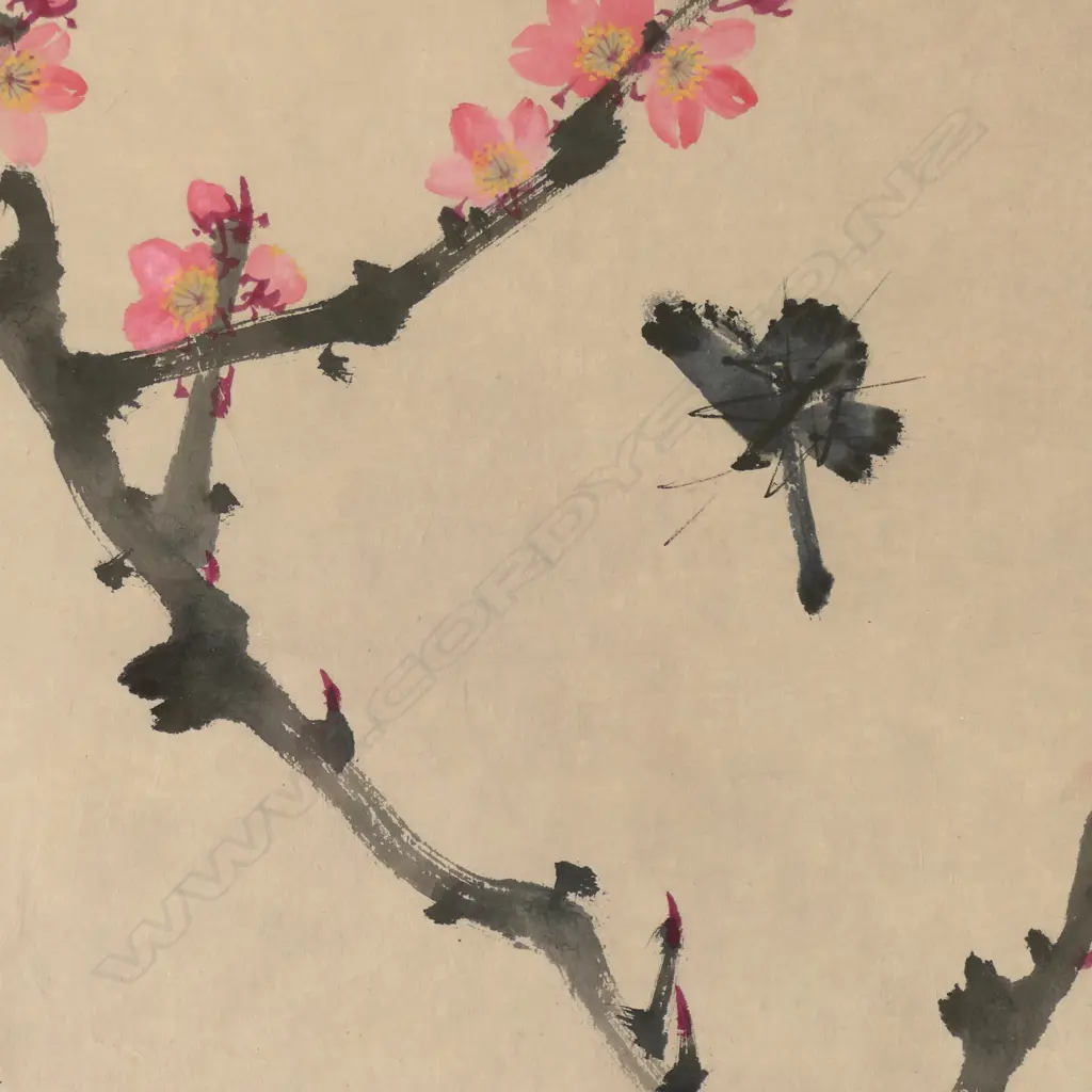 CHINESE WATERCOLOUR PAINTING BLOSSOM & BUTTERFLY with caligraphy & red seal. 300 x 330mm Image 1++