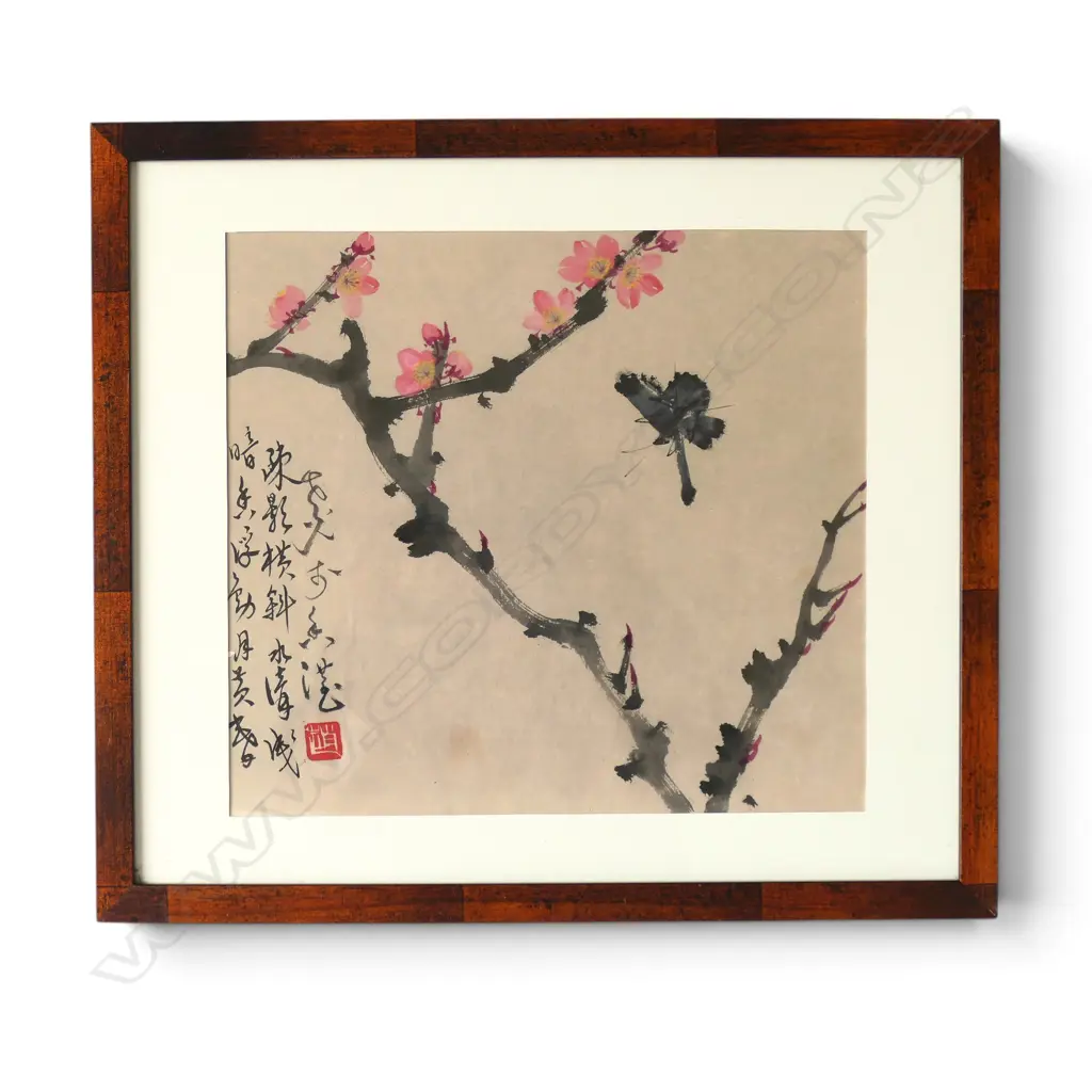 CHINESE WATERCOLOUR PAINTING BLOSSOM & BUTTERFLY with caligraphy & red seal. 300 x 330mm Image 1++