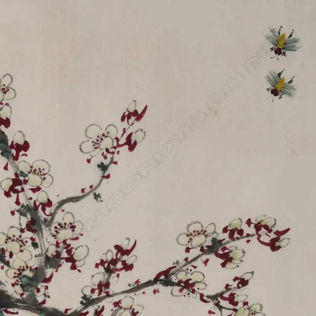 CHINESE WATERCOLOUR PAINTING BLOSSOM & BEES with caligraphy & red seal. 290 x 355mm Image 1++