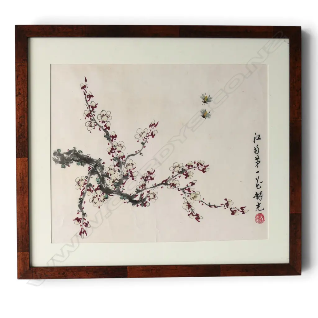 CHINESE WATERCOLOUR PAINTING BLOSSOM & BEES with caligraphy & red seal. 290 x 355mm Image 1++