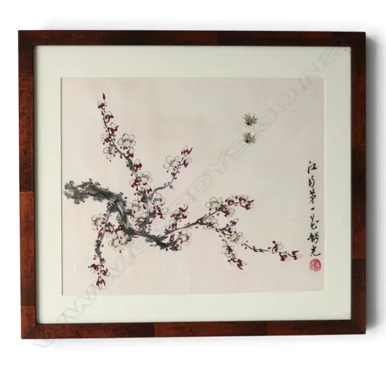 CHINESE WATERCOLOUR PAINTING BLOSSOM & BEES with caligraphy & red seal. 290 x 355mm