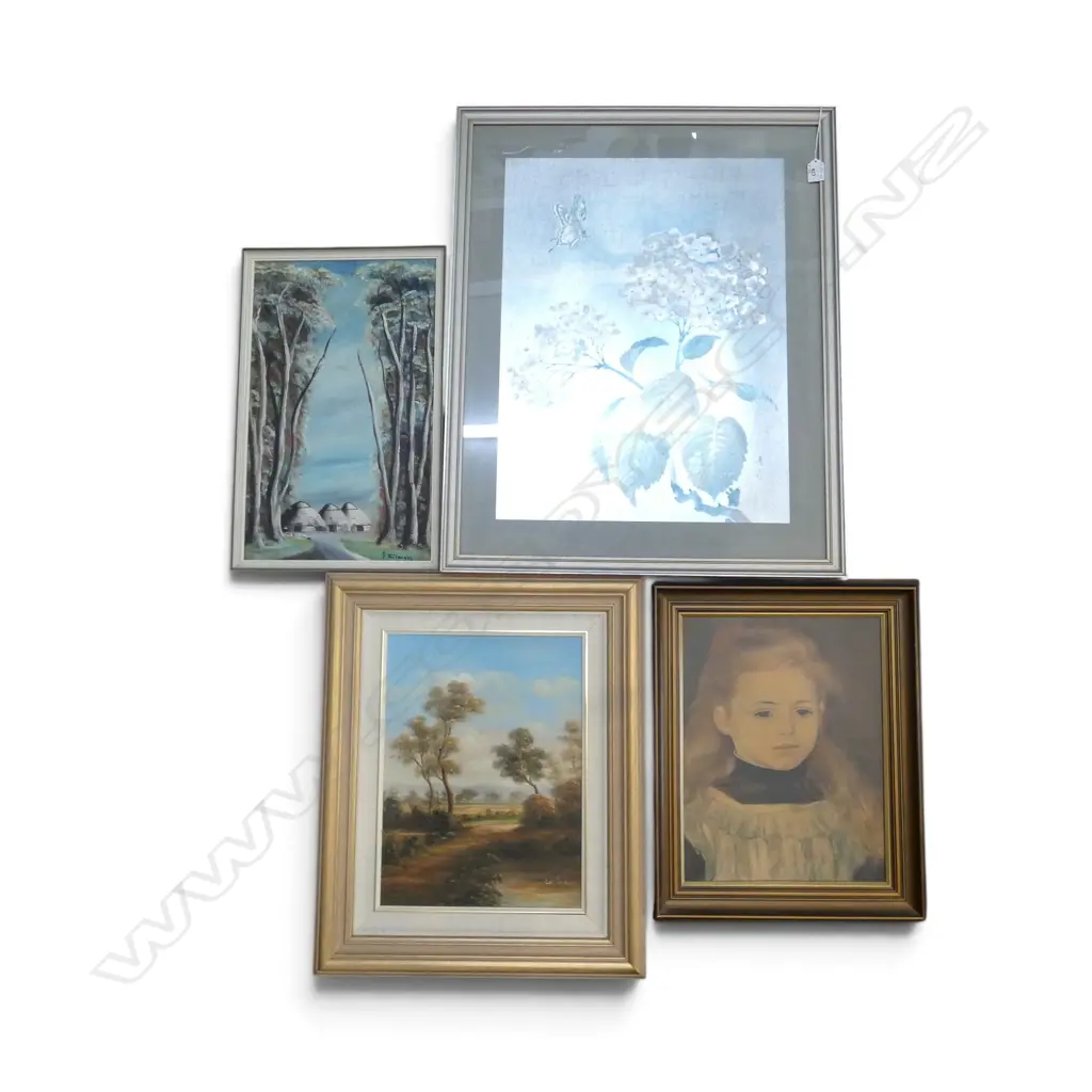 ASST ARTWORKS INCL. KATO JAPANESE SILVER FOIL PRINT, RENOIR PRINT, SOUTH AFICAN LSCAPE & ANITA LOUISE 'CROOKED PATH' OIL Image 1++