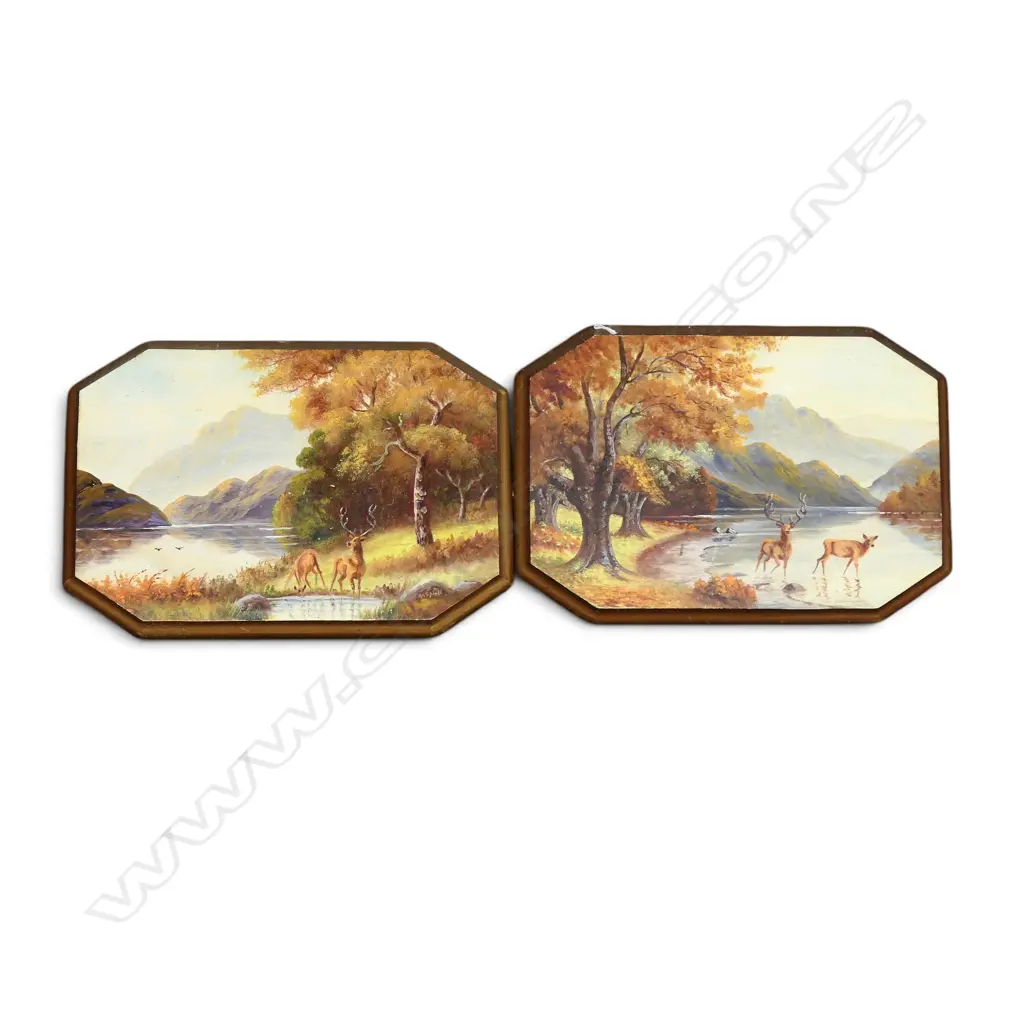 GEORGE GOLD SPINK PR OF OILS ON KAURI PANELS DEER MOUNTAIN SCENES 37CM X25CM Image 1++