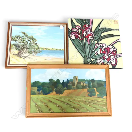 JULIA HICKSON, GREVILLEA LANIGERA 'PAD + POD', ACYLIC ON CANVAS, 455x455mm + 2 OTHER ORIGINAL PAINTINGS