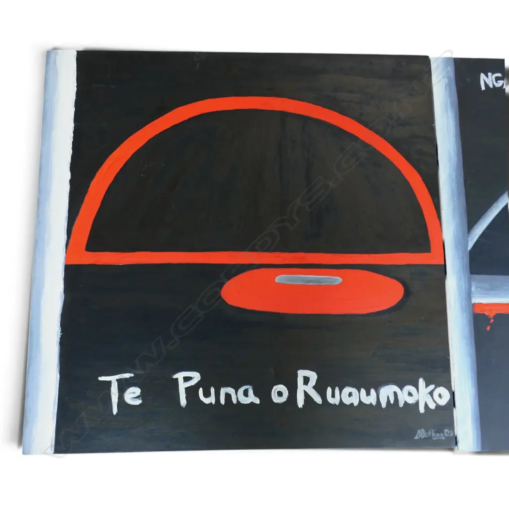 SYLVIA DOLLING, 'BLOOD BELOW THE MOUNTAIN' & 'POOL OF TEARS OF RUAUMOKO', OIL ON CANVAS (2), SIGNED, 760 X 760MM (EACH) Image 1++