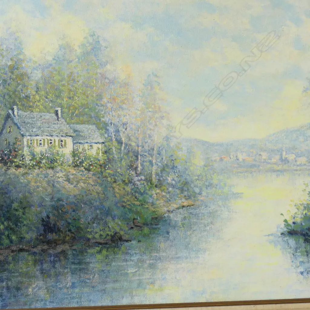 FIORA COZZI (AMERICAN 1922-92), HOUSE BY LAKE, OIL ON CANVAS 595x900mm Image 1++