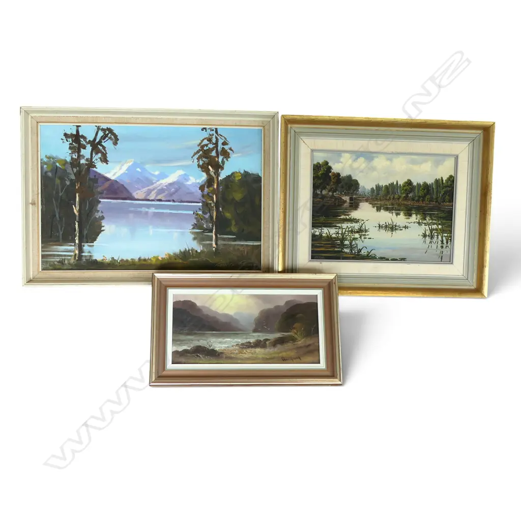 3 OIL ON BOARD LANDSCAPES, GEORGE SEARLE, CHAS. YOUNG 140x285mm, R. WATTS (ENGLISH LAKE) Image 1++