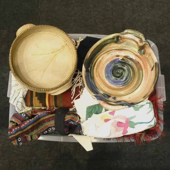 ASST. TEXTILES; MEXICAN, ETC + 2 STUDIO POTTERY DISHES 310mm dia