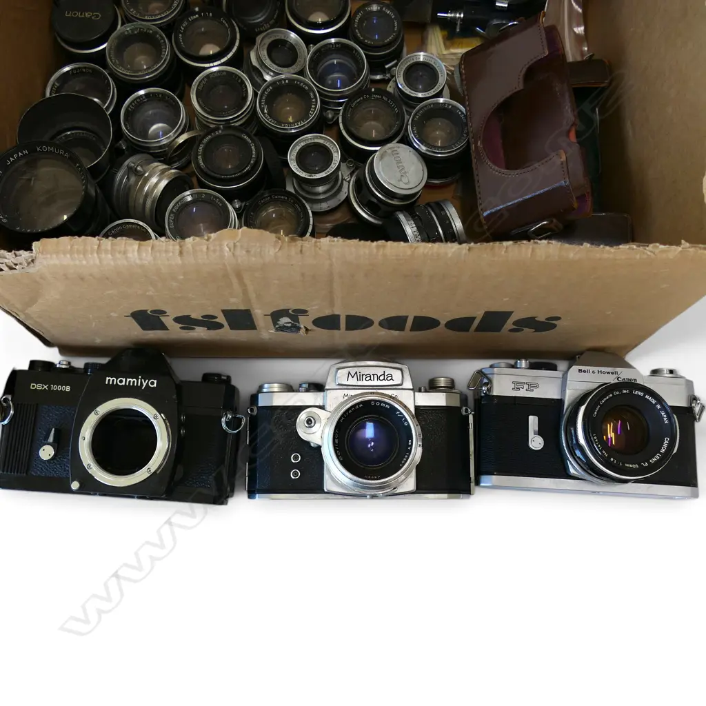 ASST. CAMERA LENSES, CANON FP / MIRANDA A CAMERA + 6 BIRD PRINTS Image 1++