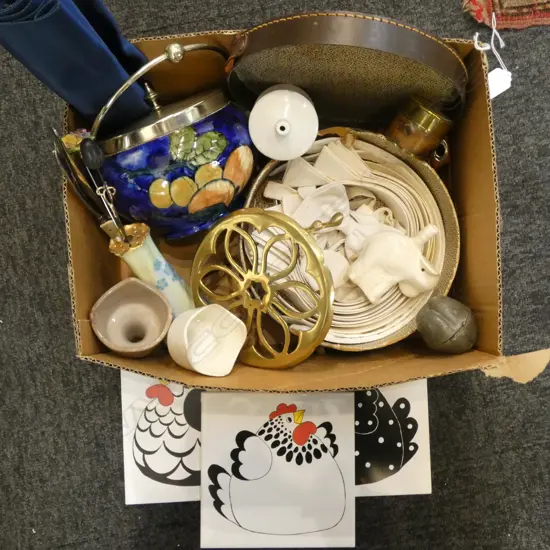 ASST. ITEMS; 4 PIE FUNNELS, BISCUIT JAR, COLLAR BOX & CONTENTS, TRIVET, JAPANESE OBI ETC