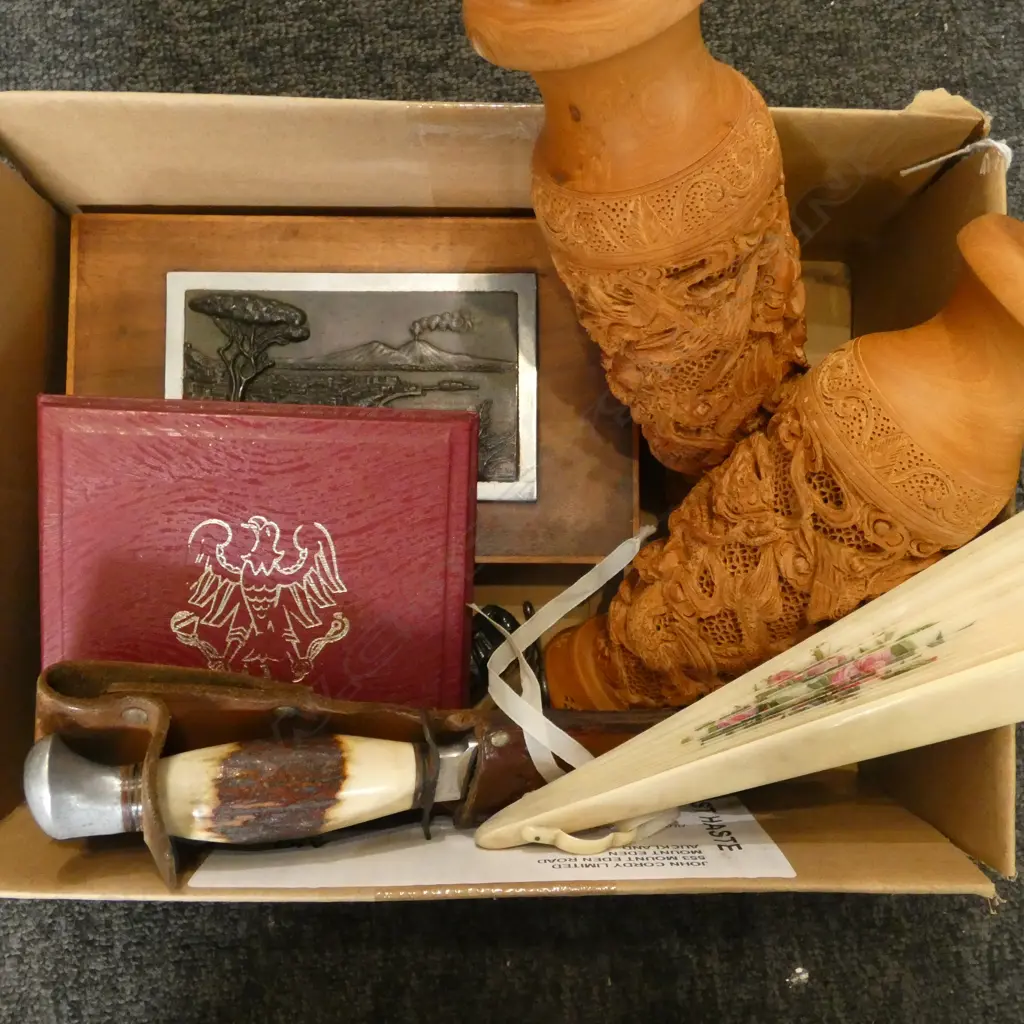 PR WOODEN VASES H.200mm, SABATIER KNIFE w. LEATHER SCABBARD, POLISH TOKEN, IVORY FAN ETC Image 1++