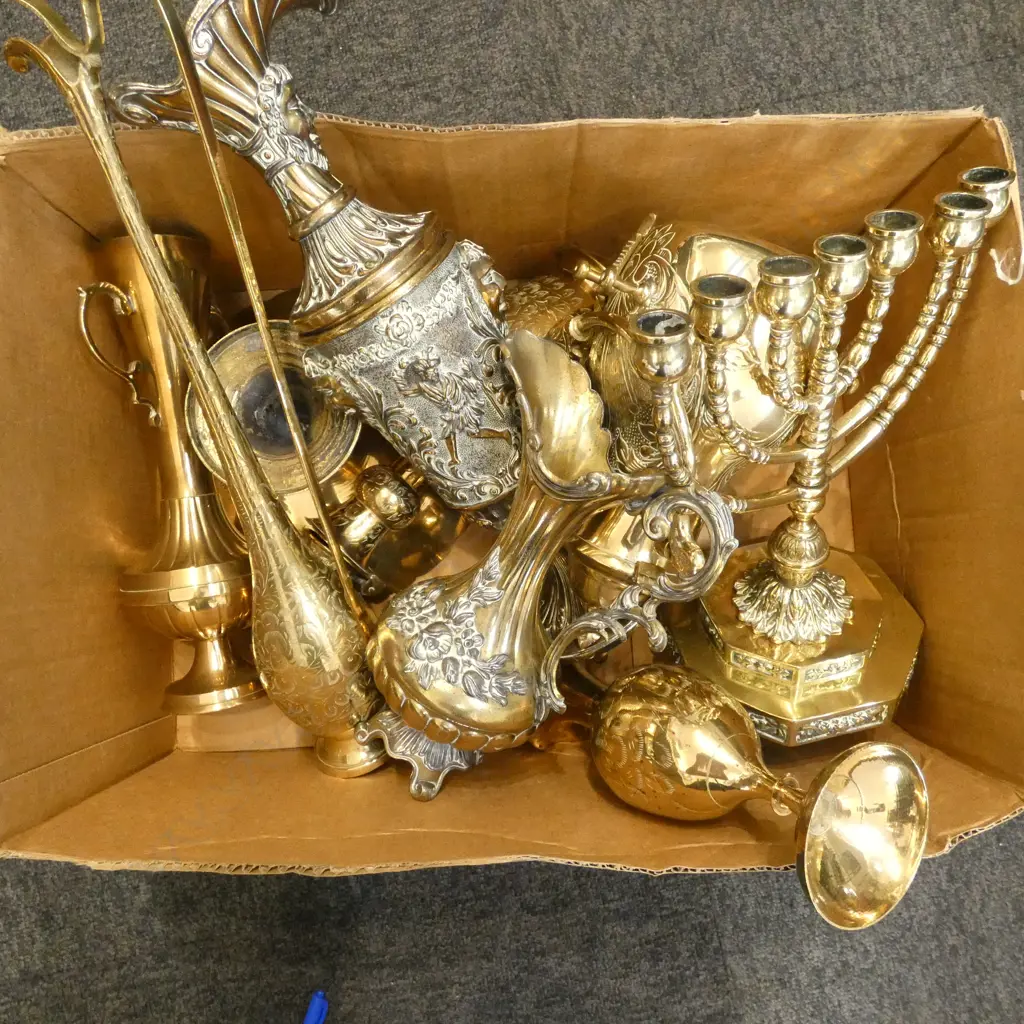 COLLECTION of BRASS, ITALIAN & INDIAN INCLDS SPIRIT KETTLE on STAND & MENORAH CANDLESTICK Image 1++