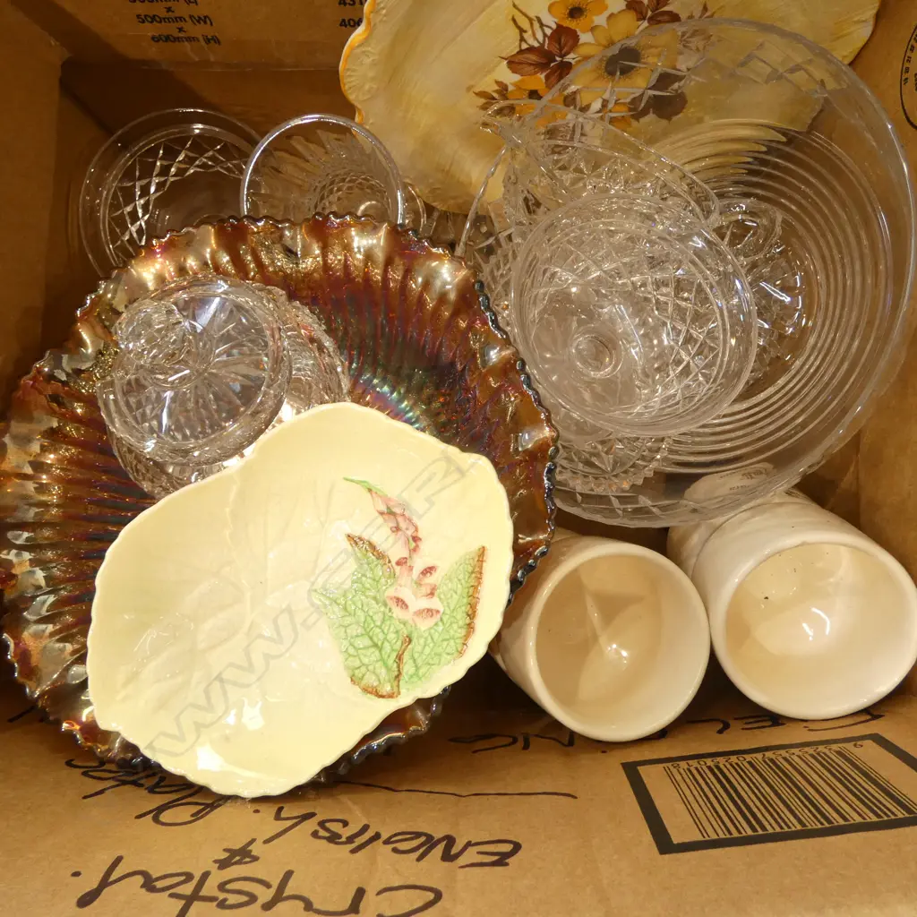 BOX OF CRYSTAL BOWLS CARNIVAL GLASS BOWL & MIXED CHINA Image 1++