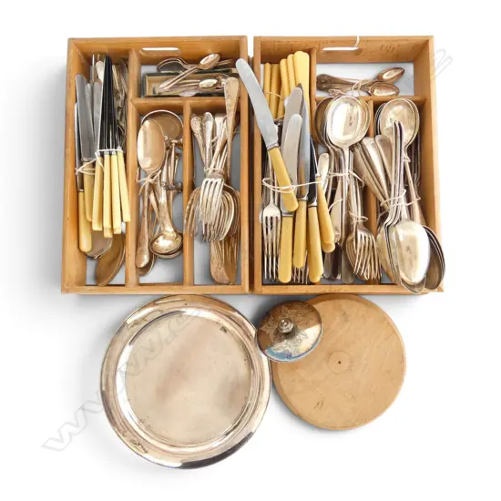 LGE COLLECTION VINTAGE SILVER PLATE CUTLERY ETC in 2 wooden cutlery trays + S/PLATE & WOOD BREAD TRAY