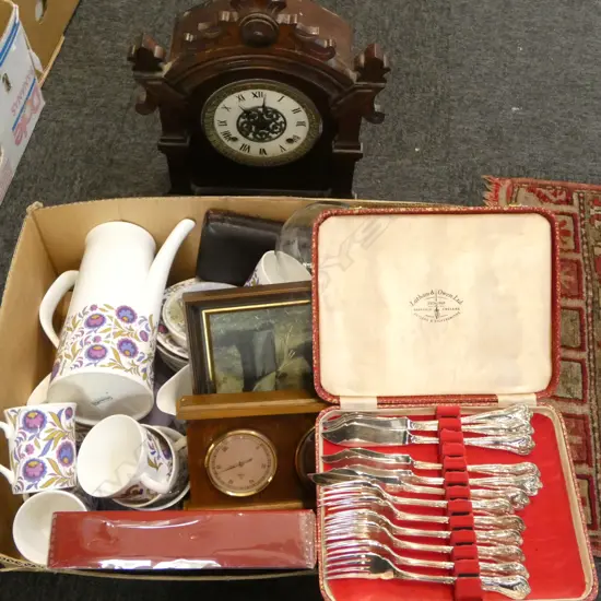 MANTEL & DOME CLOCK, CASED CUTLERY, PART COFFEE SET ETC
