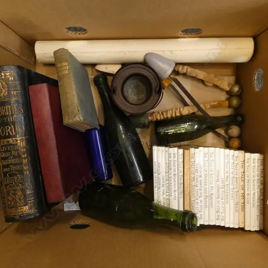 BOX LOT BOOKS VINTAGE BOTTLES  GLUE POT ETC