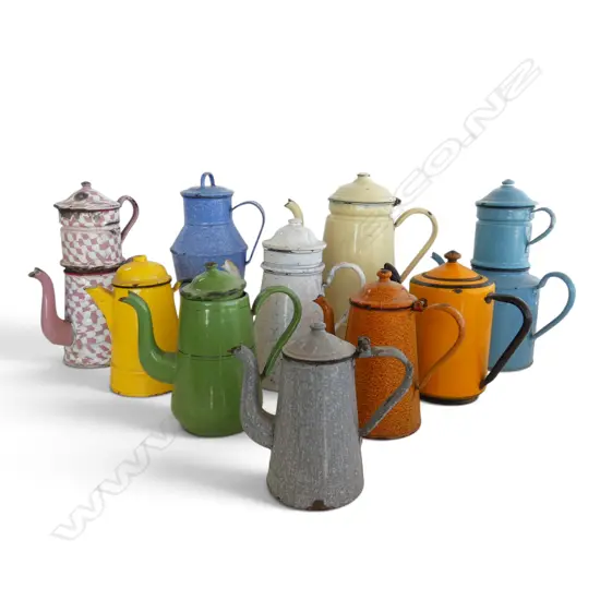 10 ASST. VINTAGE ENAMEL COFFEE POTS H.330mm