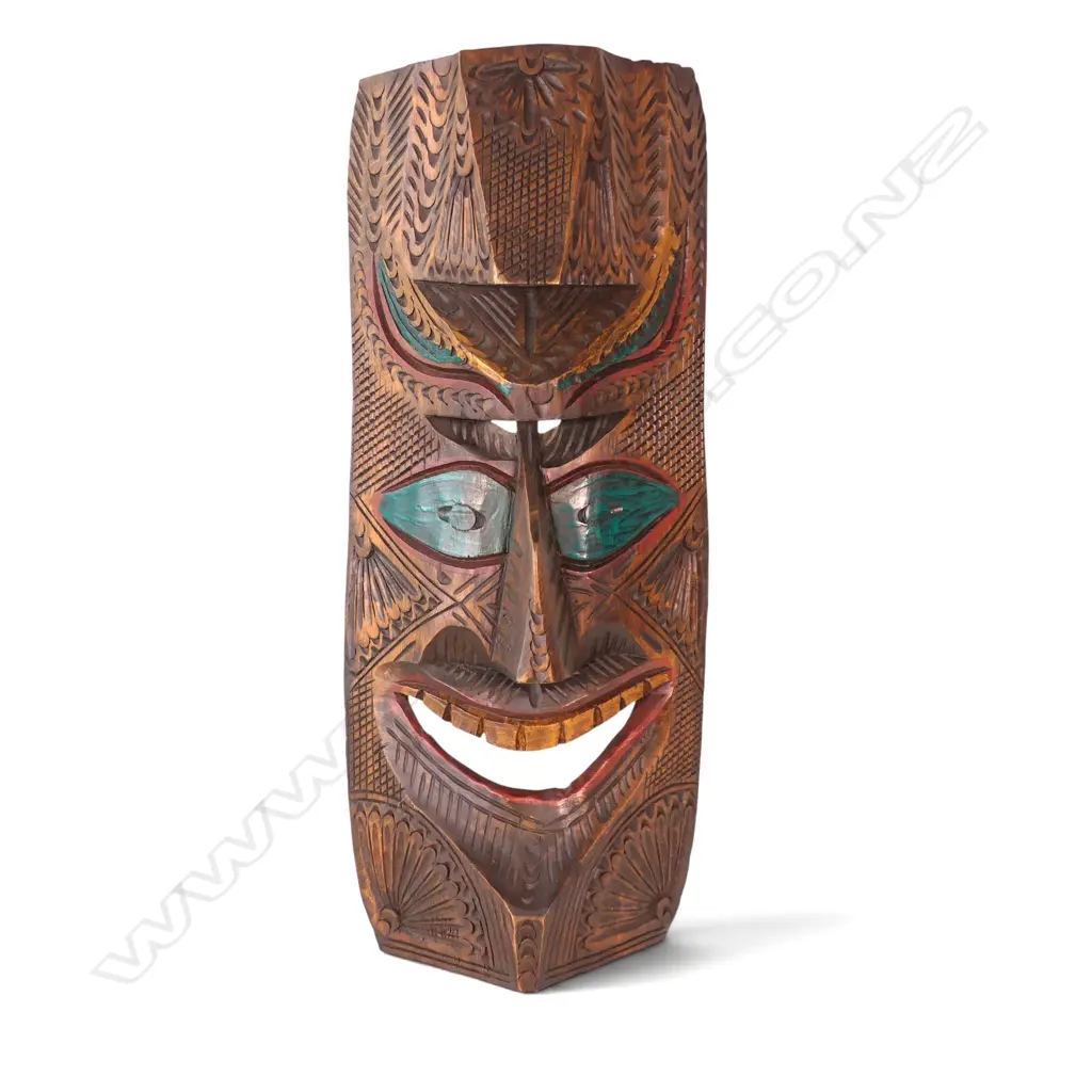 SOUTH PACIFIC HAND-CARVED POLYCHROME WOODEN TRIBAL MASK, H.620 X 222MM Image 1++