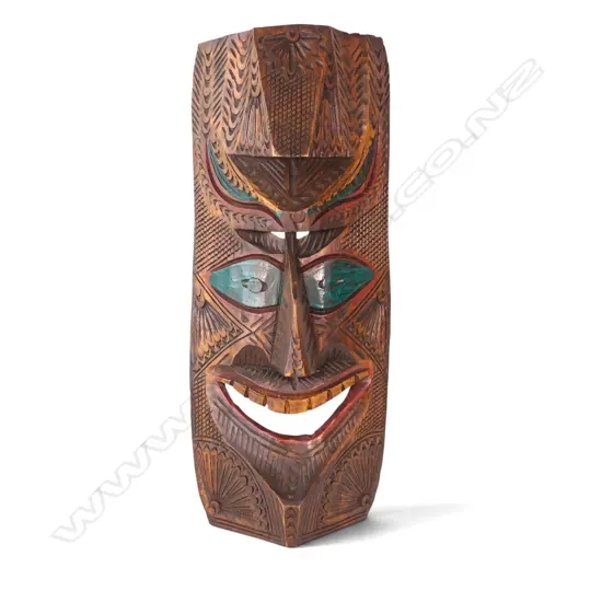 SOUTH PACIFIC HAND-CARVED POLYCHROME WOODEN TRIBAL MASK, H.620 X 222MM