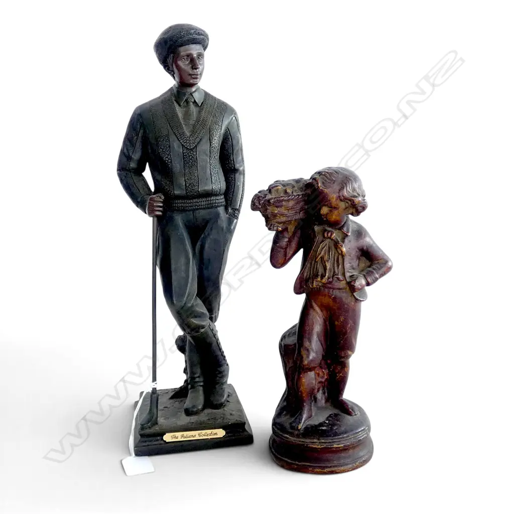 2 FIGURINES; RESIN GOLFER H.375mm, CERAMIC BOY w. BASKET H.250mm (repairs & dull sounding) Image 1++