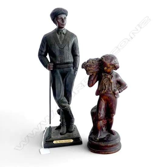 2 FIGURINES; RESIN GOLFER H.375mm, CERAMIC BOY w. BASKET H.250mm (repairs & dull sounding)