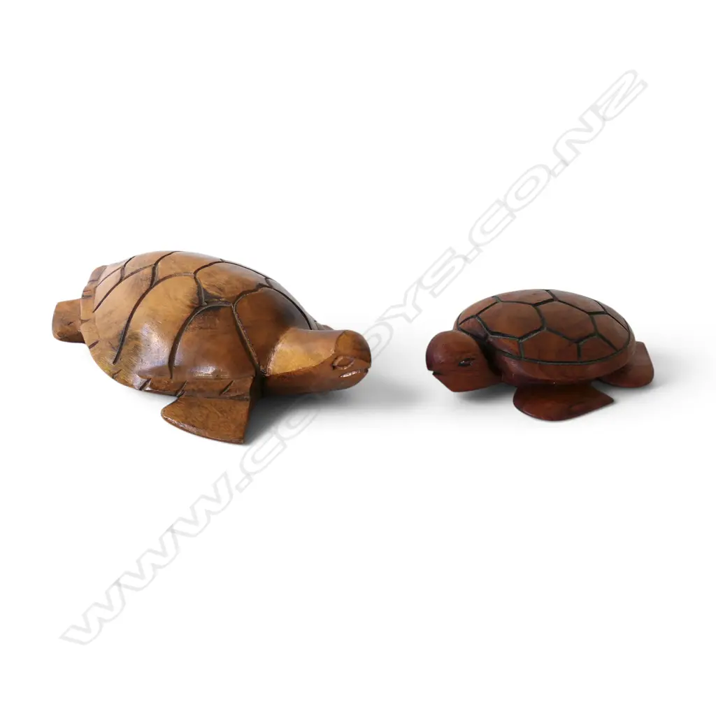 2 CARVED WOOD TURTLES ONE AS A LIDDED BOX L440 & 300MM Image 1++