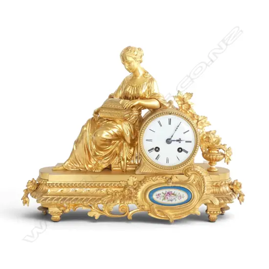 19thC GILT METAL FIGURAL MANTEL CLOCK 380x100x285mm